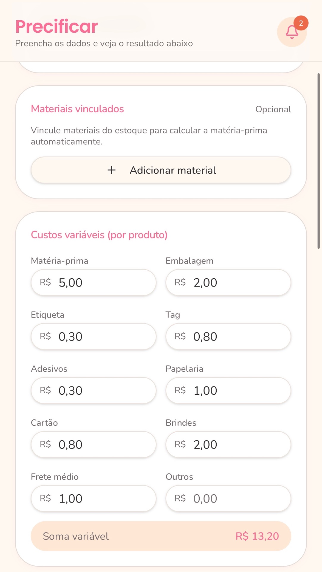 Custos — tela real do aplicativo Simplifique
