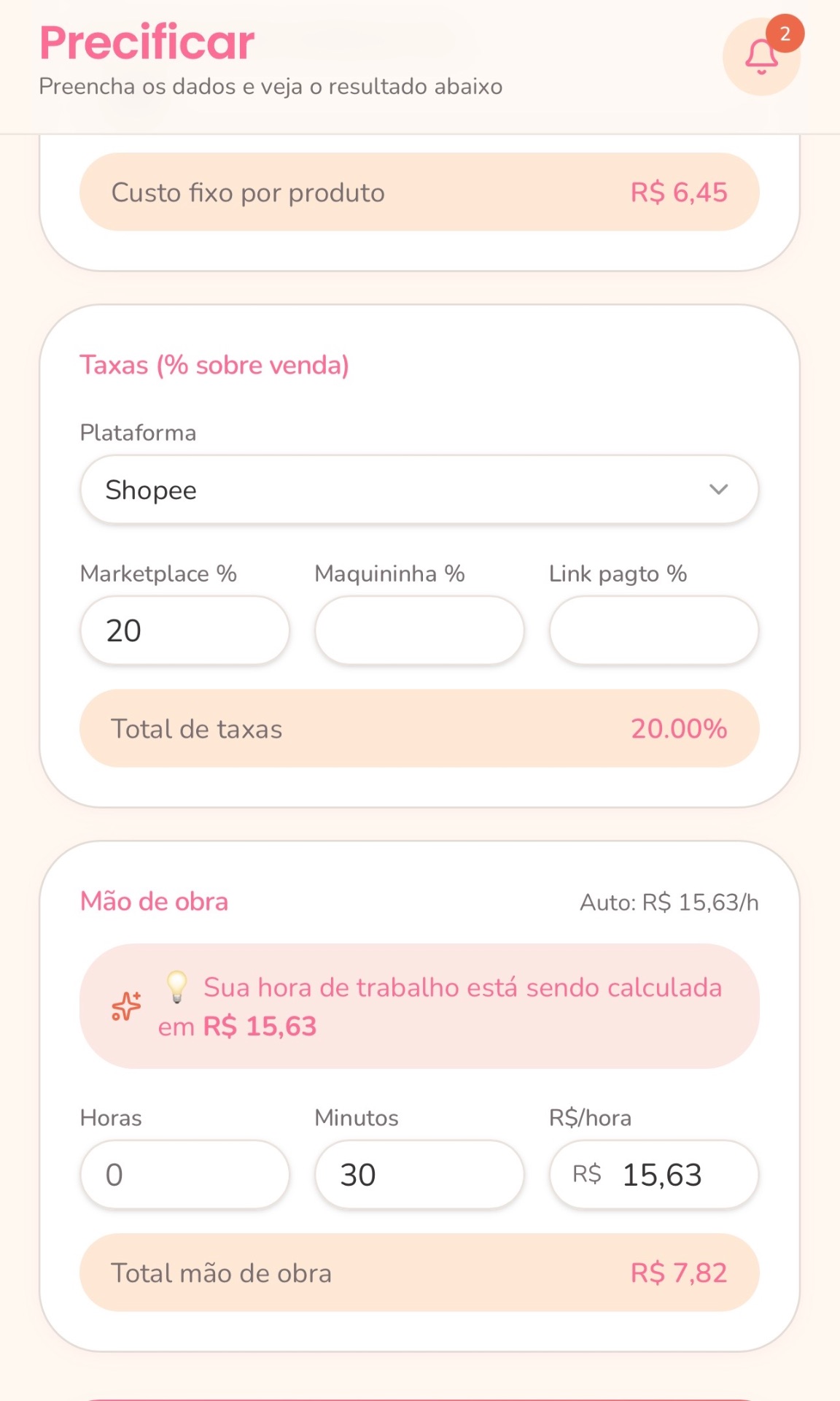 Tela real do Simplifique com o cálculo da mão de obra e do valor da hora de trabalho