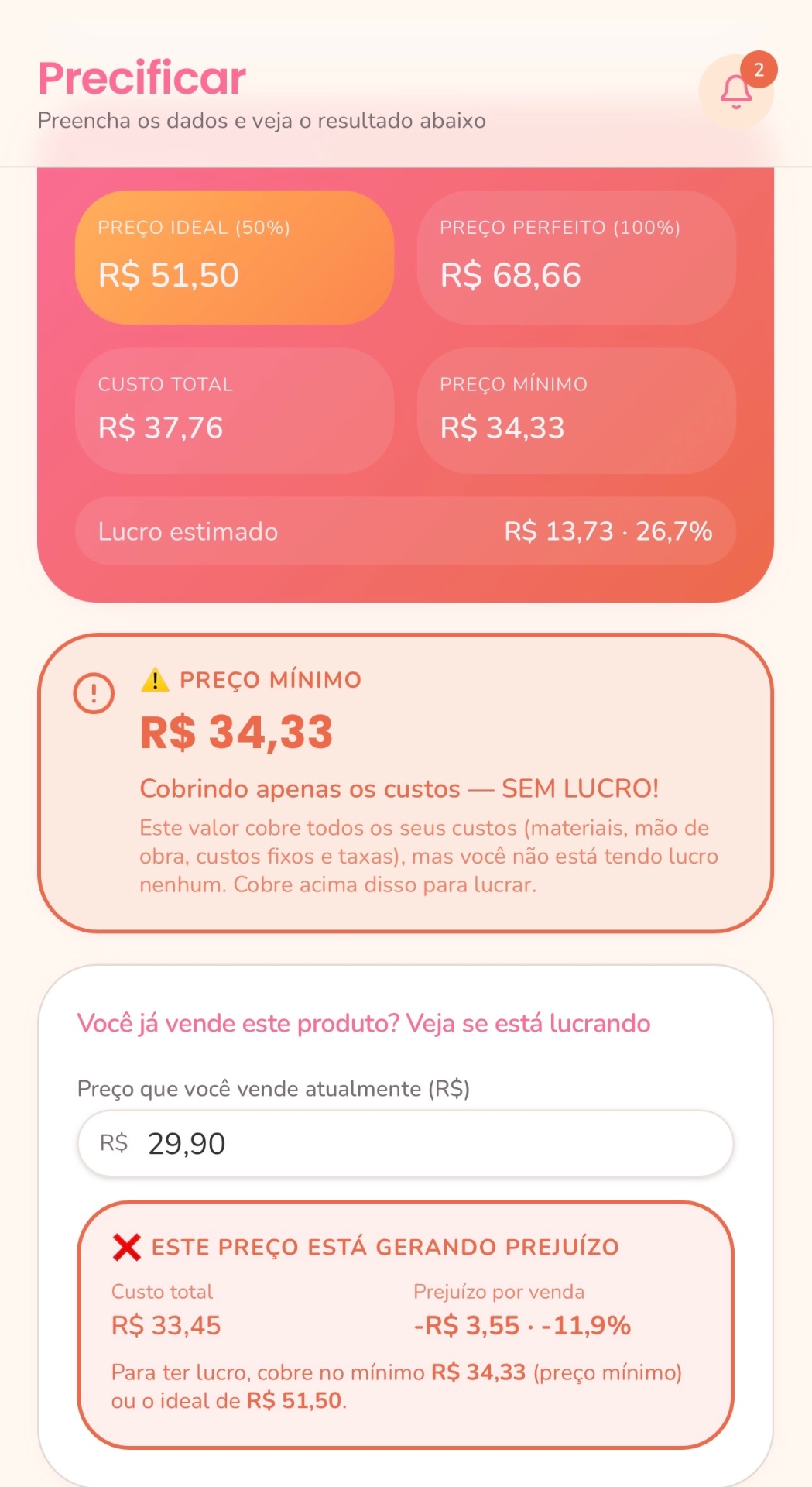 Tela real do Simplifique mostrando o preço de venda calculado